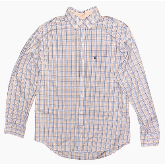 IZOD Premium Essentials Long Sleeve Button Down Orange & Blue Plaid Shirt M - Picture 1 of 6